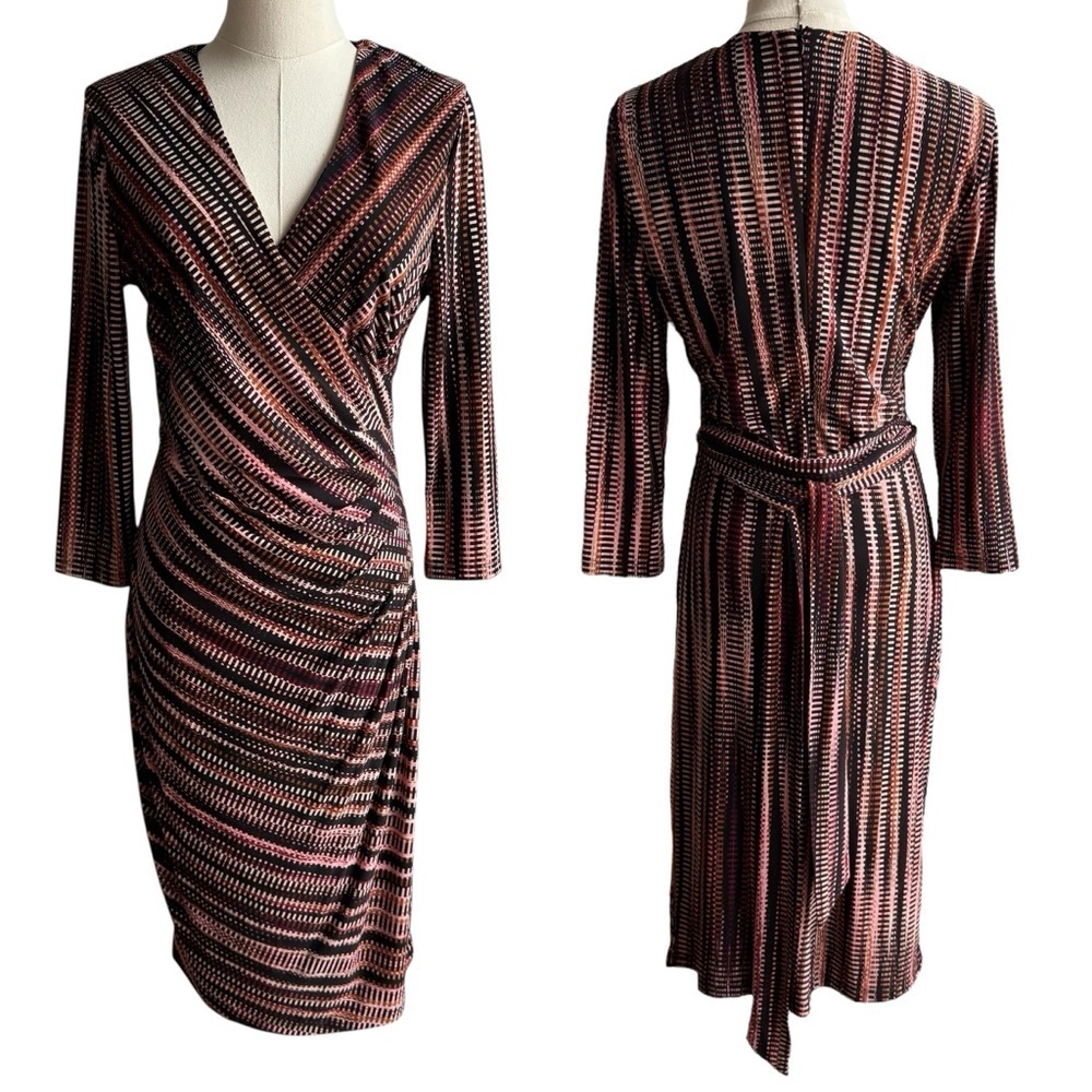 Le Chateau Long Sleeve Wrap Dress Sz S Dark Stripe Fitted V-Neck Sexy Below Knee